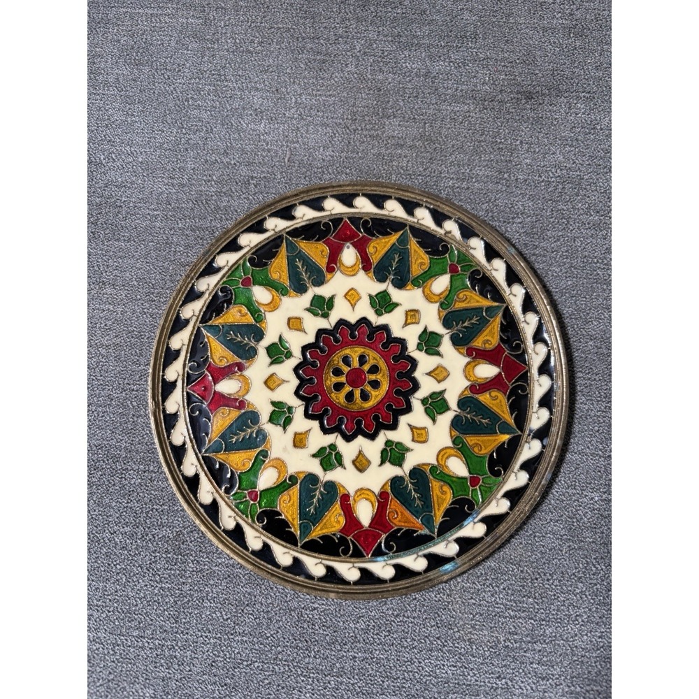 Vintage Cloisonne Turkish Enamel Bronze Wall Plate 5 1/4" Beautiful Decor Accent